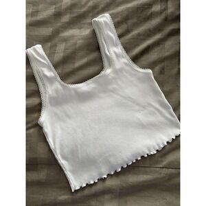 Topshop Tank Top Womens US 8 White Ribbed Lettuce Edge Cotton Stretch Y2K Style